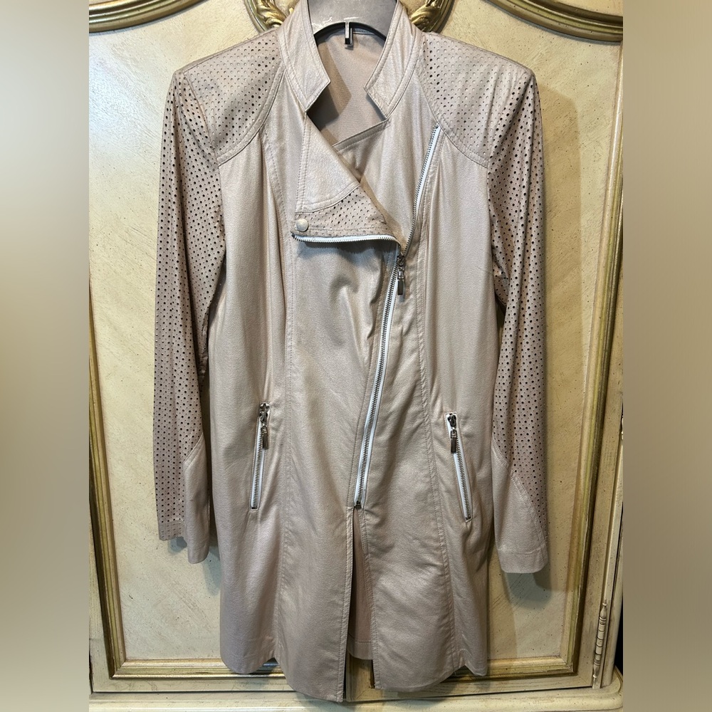 Faux Leather Tan Perforated Mid Length Lightweight Gold Zip Trench Moto Jacket